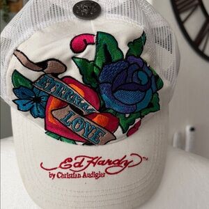 Ed Hardy White Trucker Hat with Multicolor 'Eternal Love' Embroidery